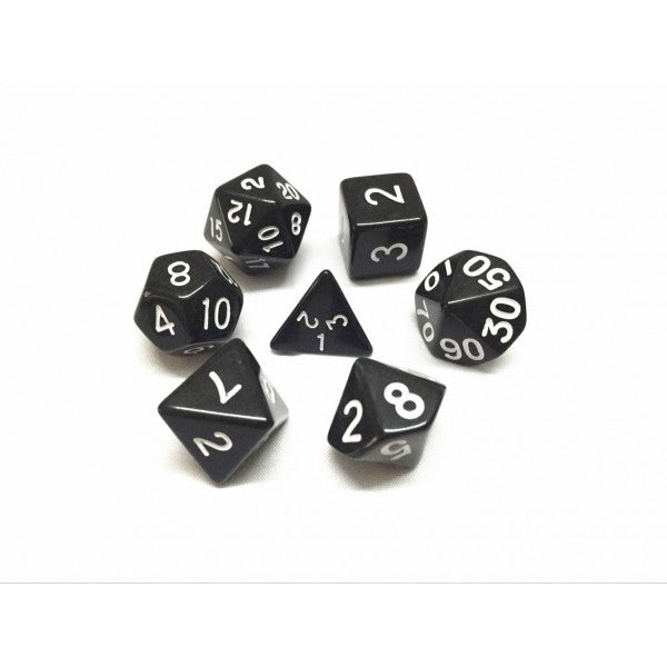 Black Opaque 7pc Dice Set inked in White